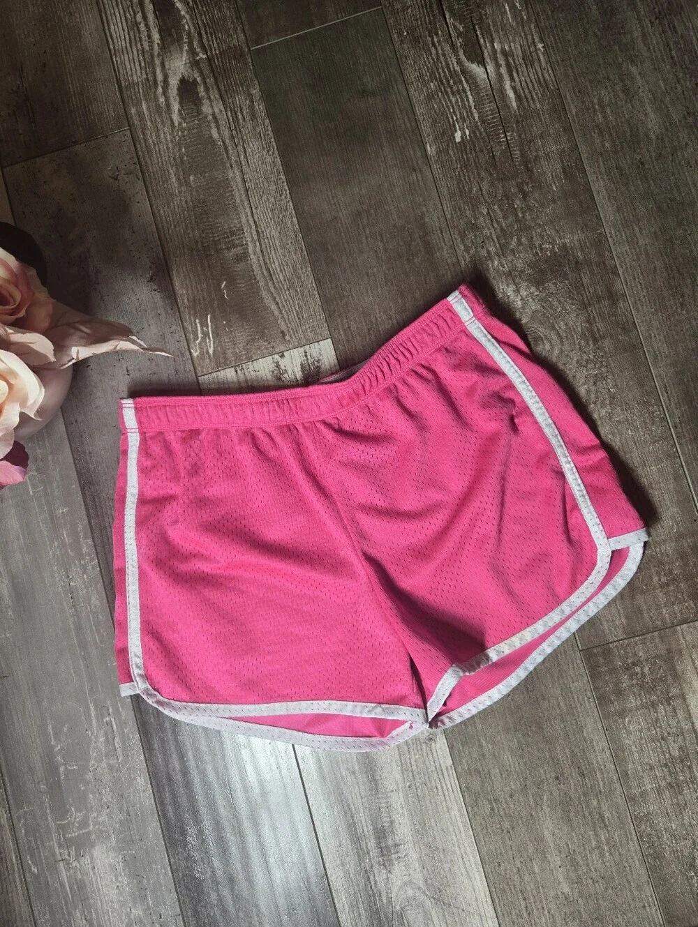 Justice Girls Pink Athletic Mesh Shorts with White Contrast Trim Size 16